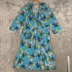 Lilly Pulitzer Blayney Dress L Blue Green Ginkgo Ruffle V-Neck Coastal Preppy